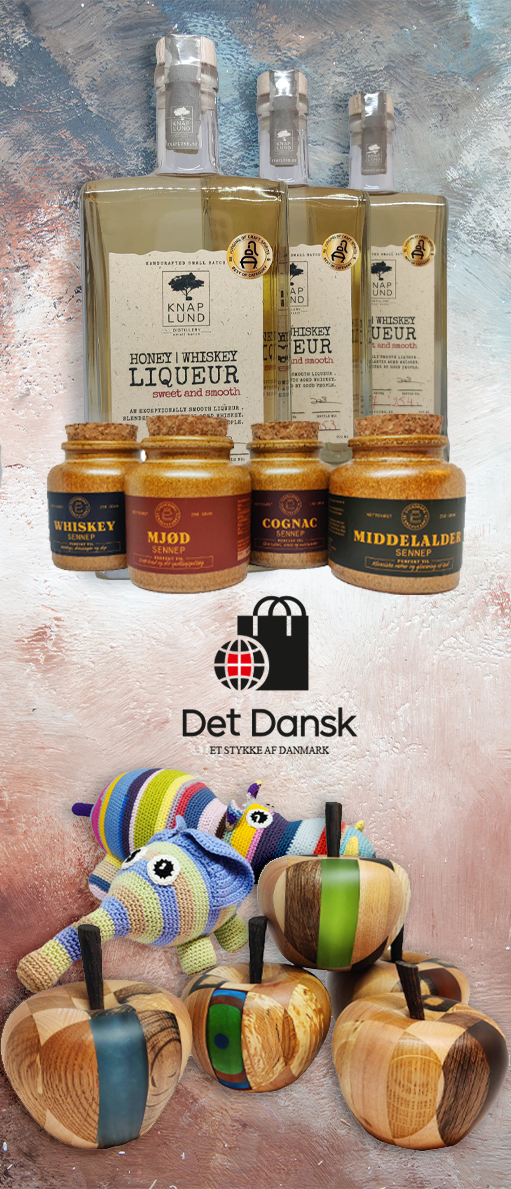 Produkter fra DetDansk som eksempelvis kan findes i gavekurvene. Spiritus, håndværk, træ, dekorationer